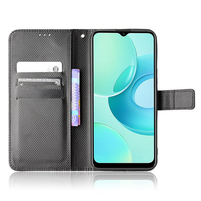 For Wiko T10 4G Diamond Texture PU Leather Cover Drop-proof Phone Stand Wallet Case with Wrist Strap