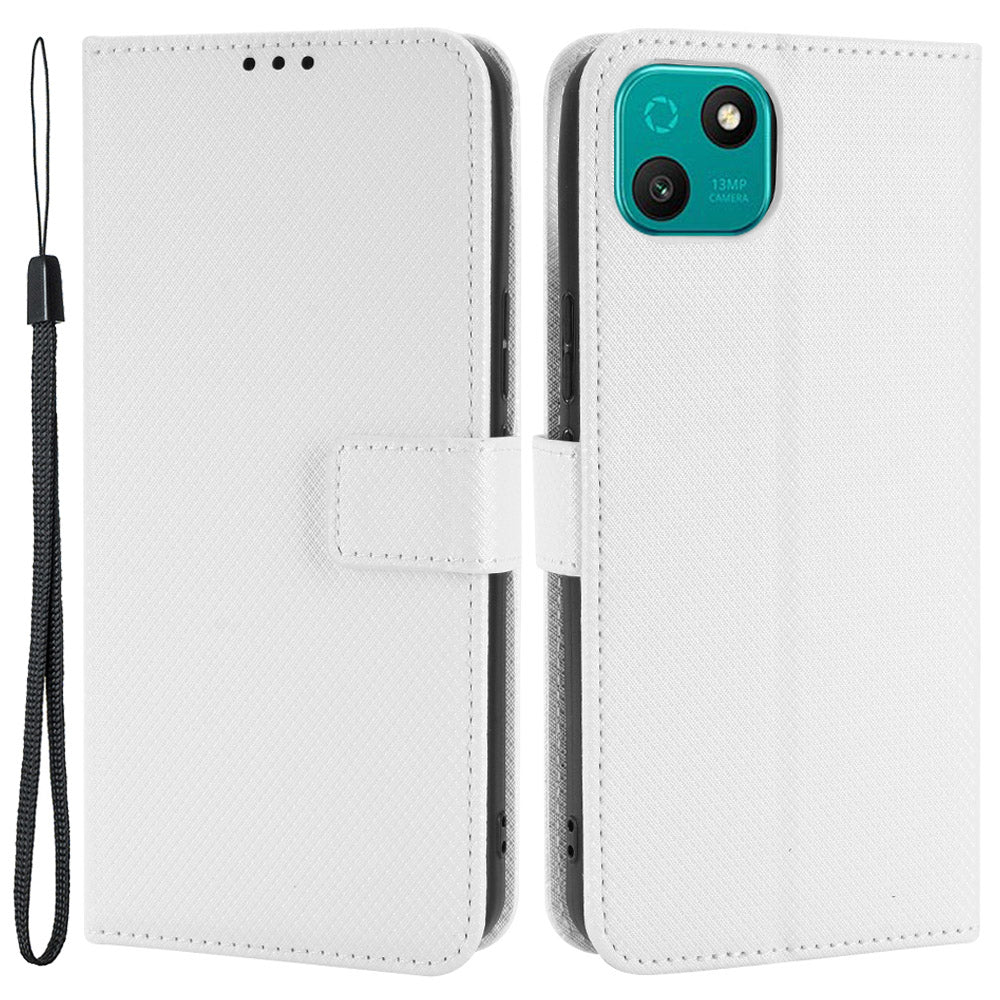 For Wiko T10 4G Diamond Texture PU Leather Cover Drop-proof Phone Stand Wallet Case with Wrist Strap