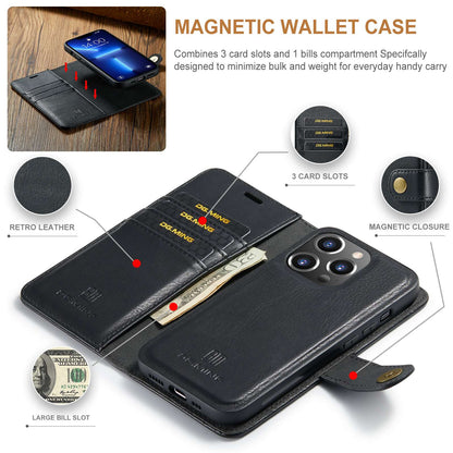 DG.MING For iPhone 14 Pro Max 6.7 inch Wallet Magnetic Detachable Case Split Leather Stand Flip Phone Cover