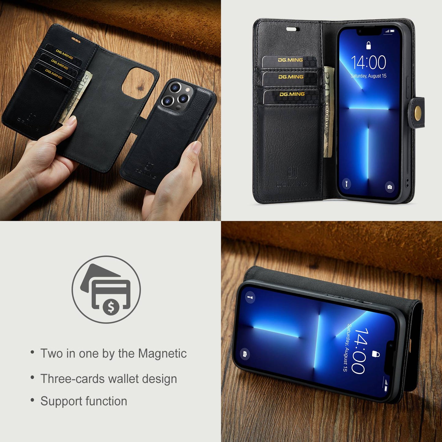 DG.MING For iPhone 14 Pro Max 6.7 inch Wallet Magnetic Detachable Case Split Leather Stand Flip Phone Cover