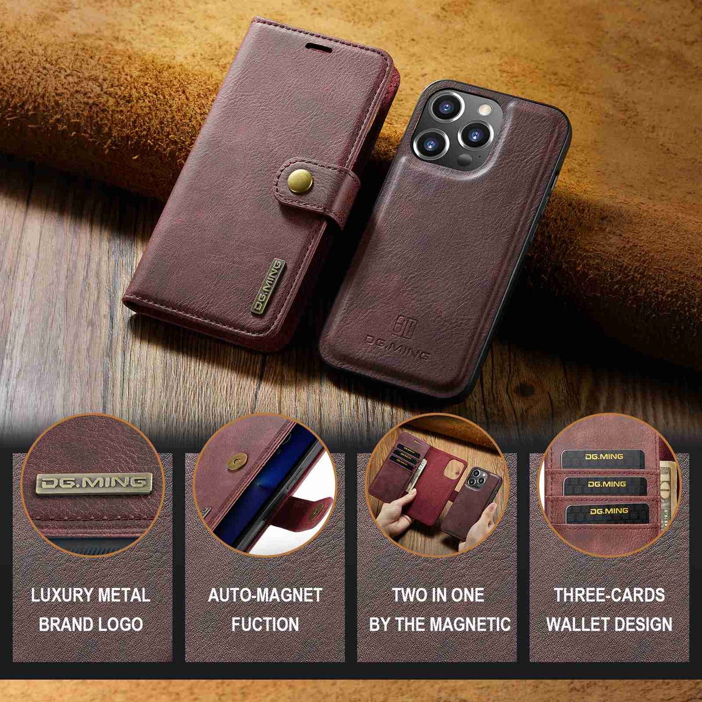 DG.MING For iPhone 14 Pro Max 6.7 inch Wallet Magnetic Detachable Case Split Leather Stand Flip Phone Cover