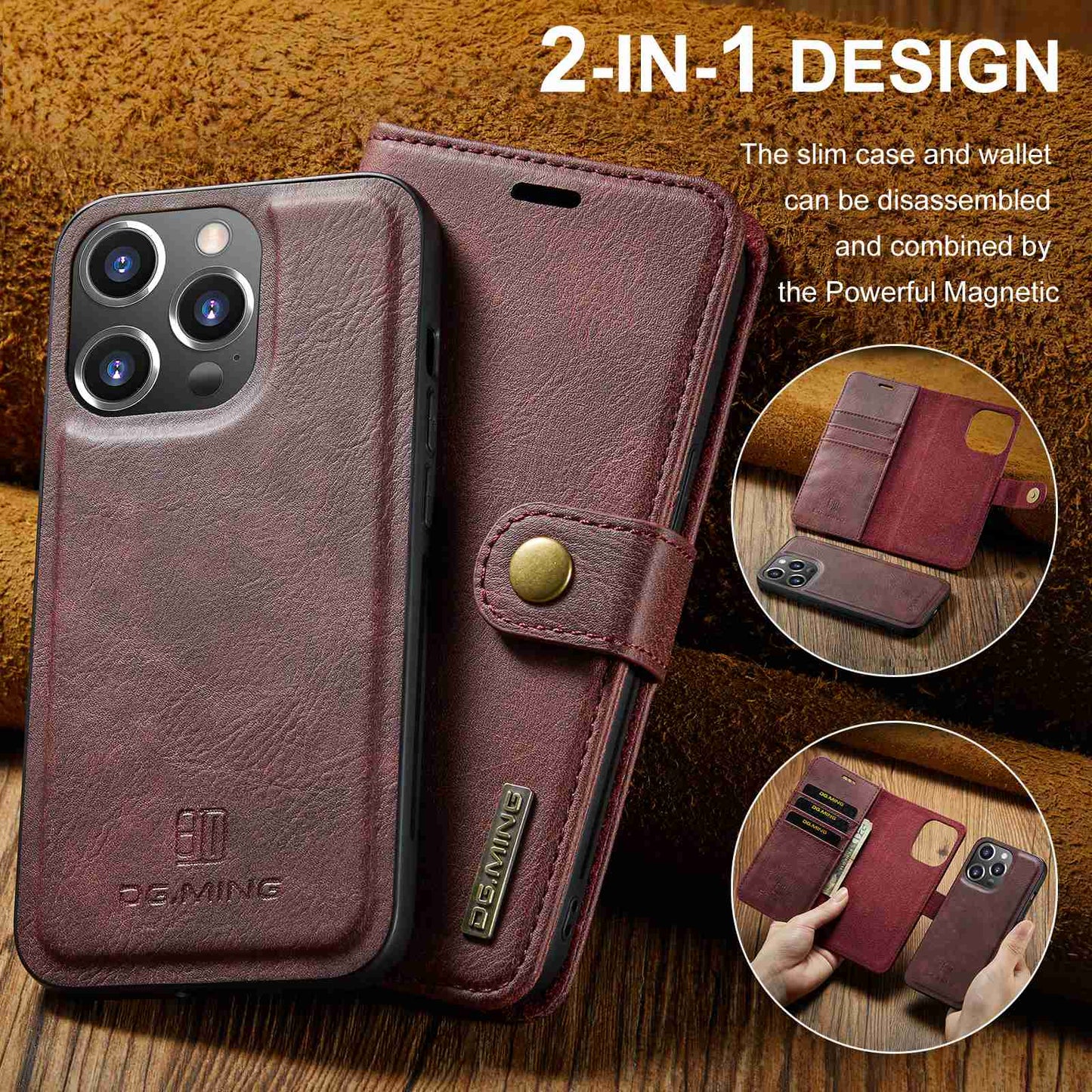 DG.MING For iPhone 14 Pro Max 6.7 inch Wallet Magnetic Detachable Case Split Leather Stand Flip Phone Cover