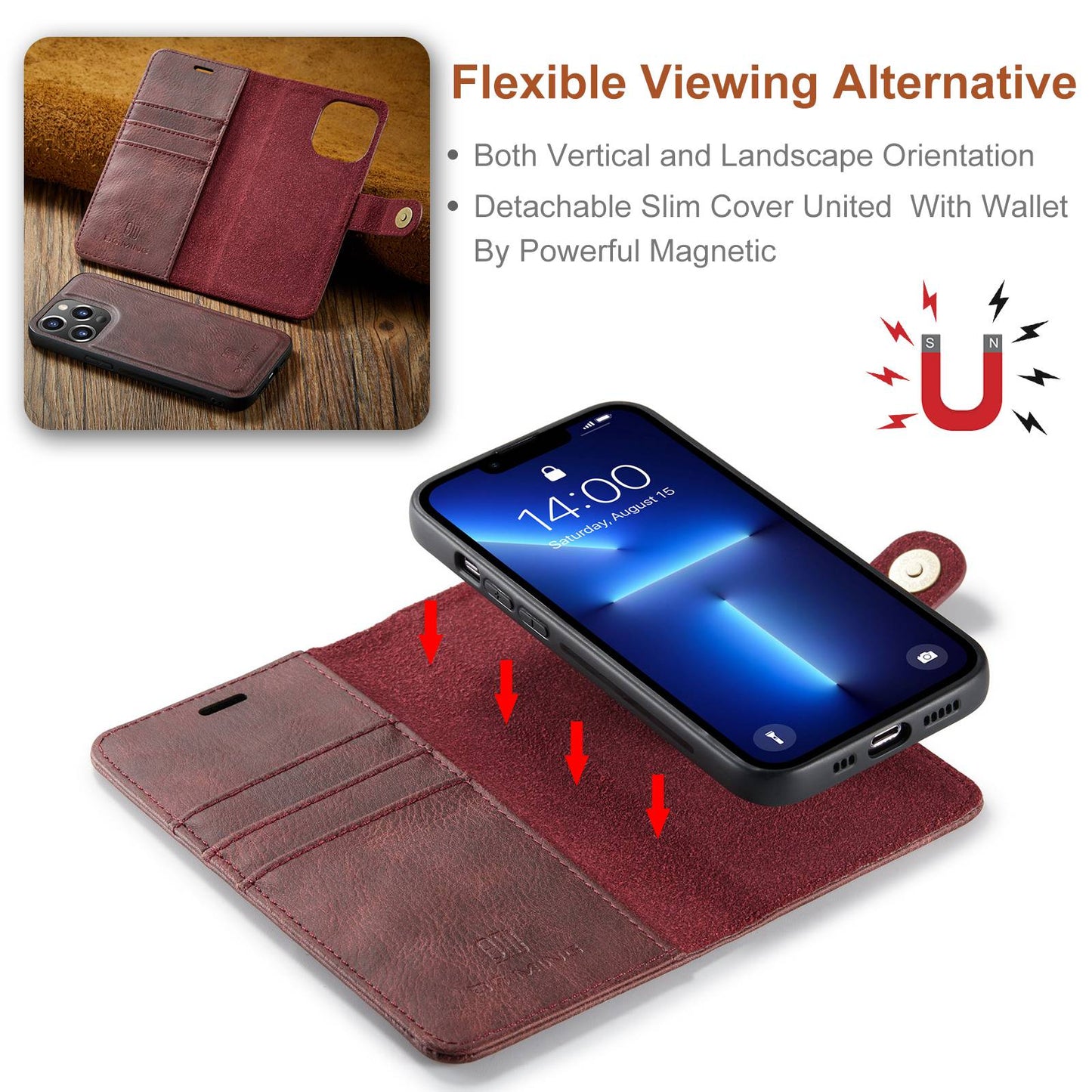 DG.MING For iPhone 14 Pro Max 6.7 inch Wallet Magnetic Detachable Case Split Leather Stand Flip Phone Cover