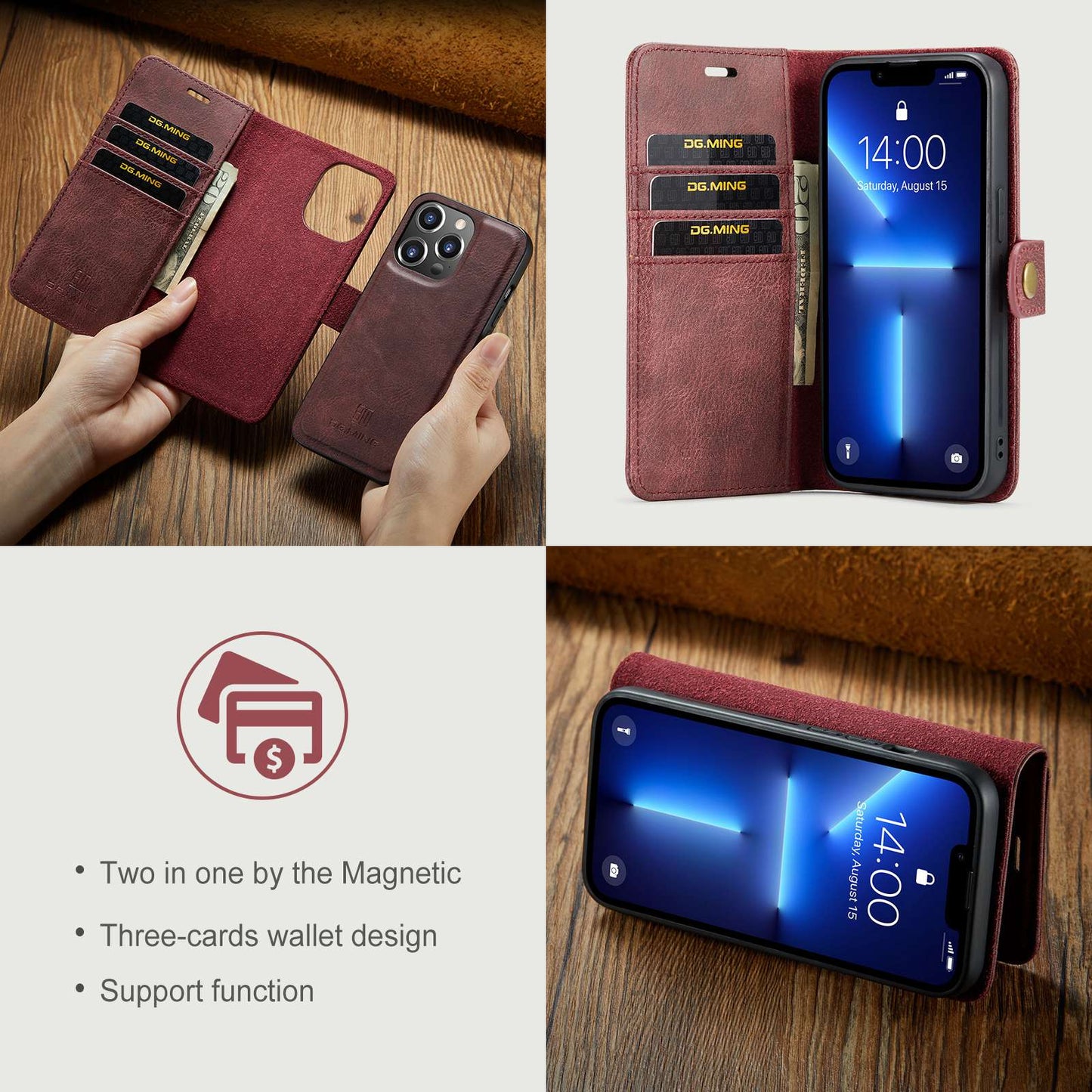 DG.MING For iPhone 14 Pro Max 6.7 inch Wallet Magnetic Detachable Case Split Leather Stand Flip Phone Cover