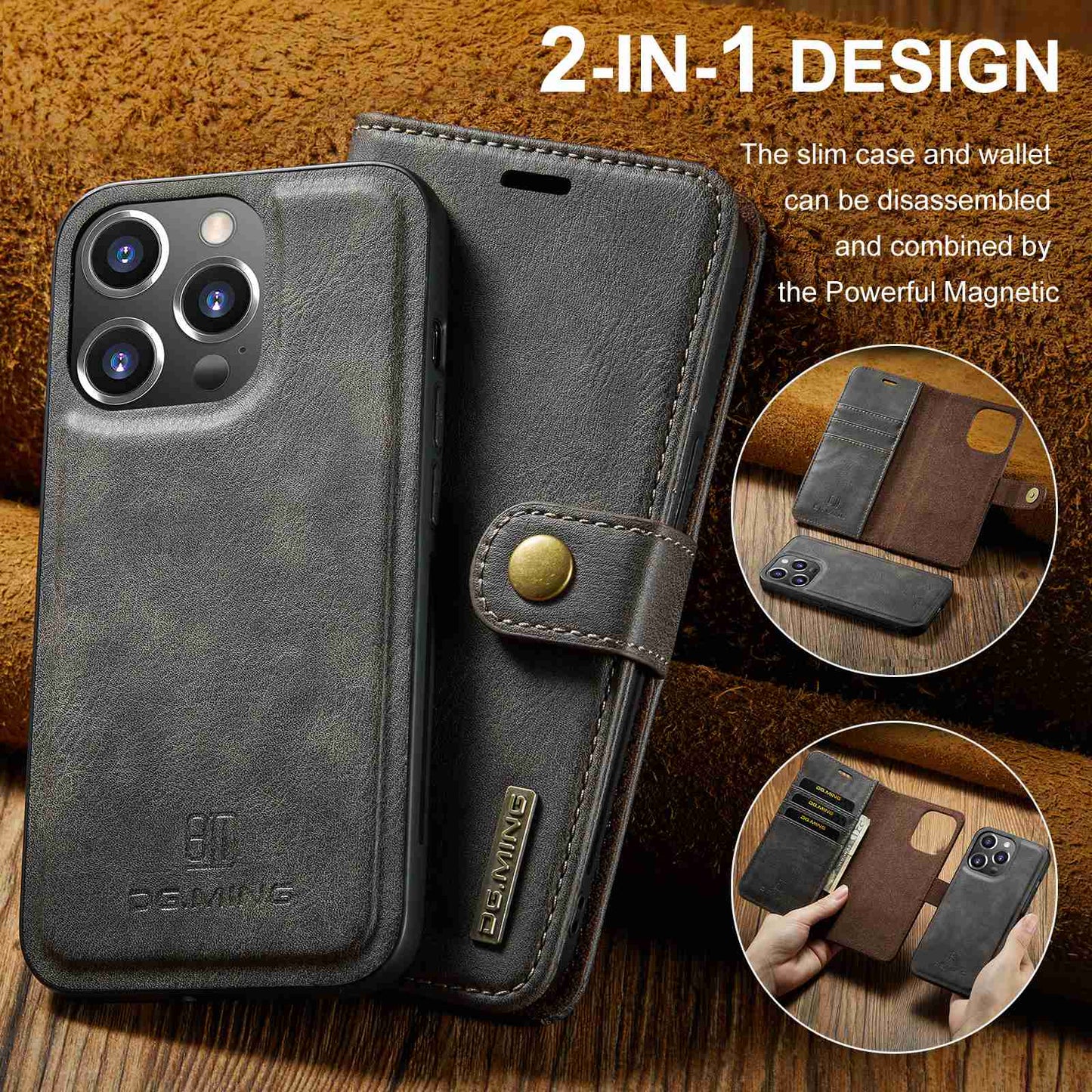 DG.MING For iPhone 14 Pro Max 6.7 inch Wallet Magnetic Detachable Case Split Leather Stand Flip Phone Cover