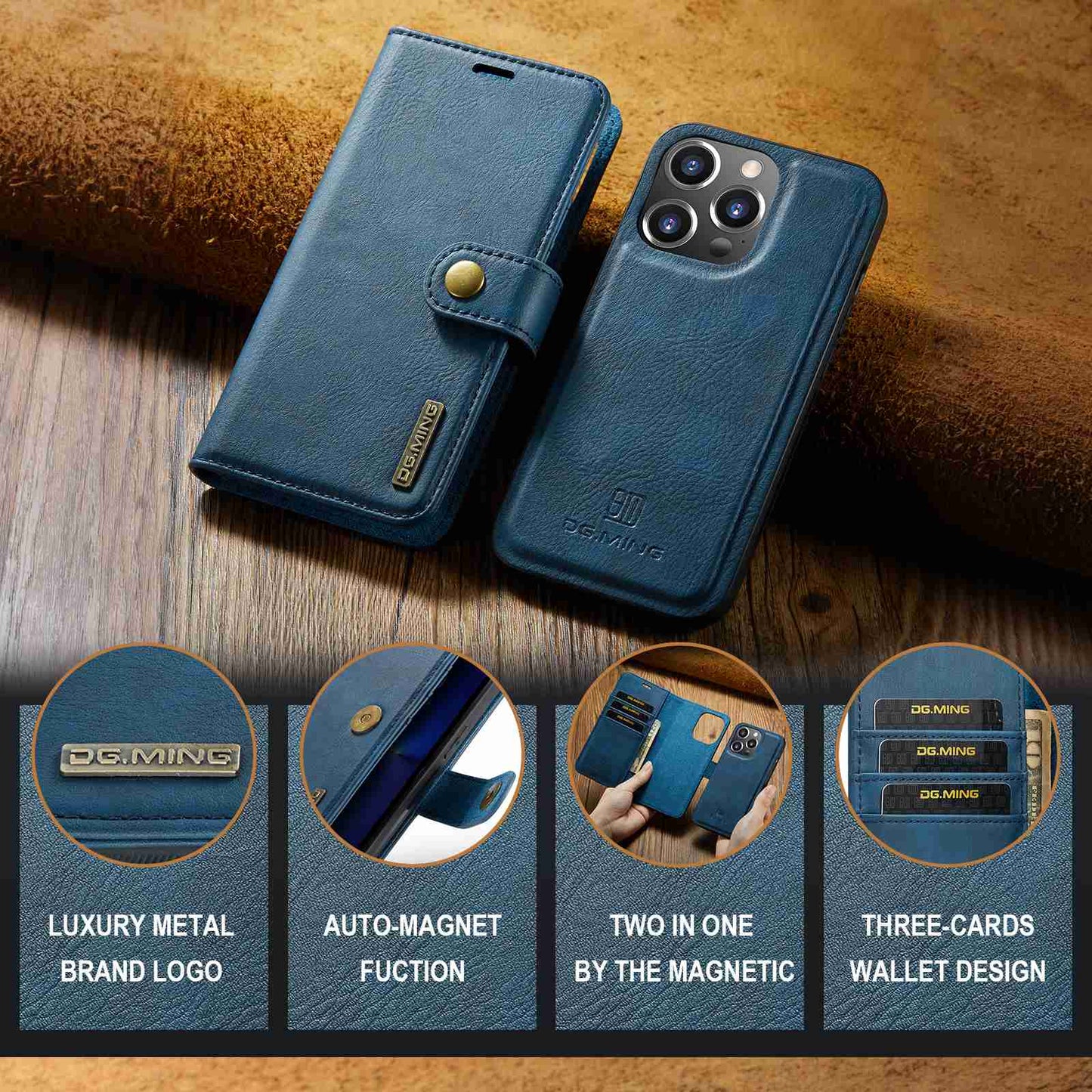 DG.MING For iPhone 14 Pro Max 6.7 inch Wallet Magnetic Detachable Case Split Leather Stand Flip Phone Cover