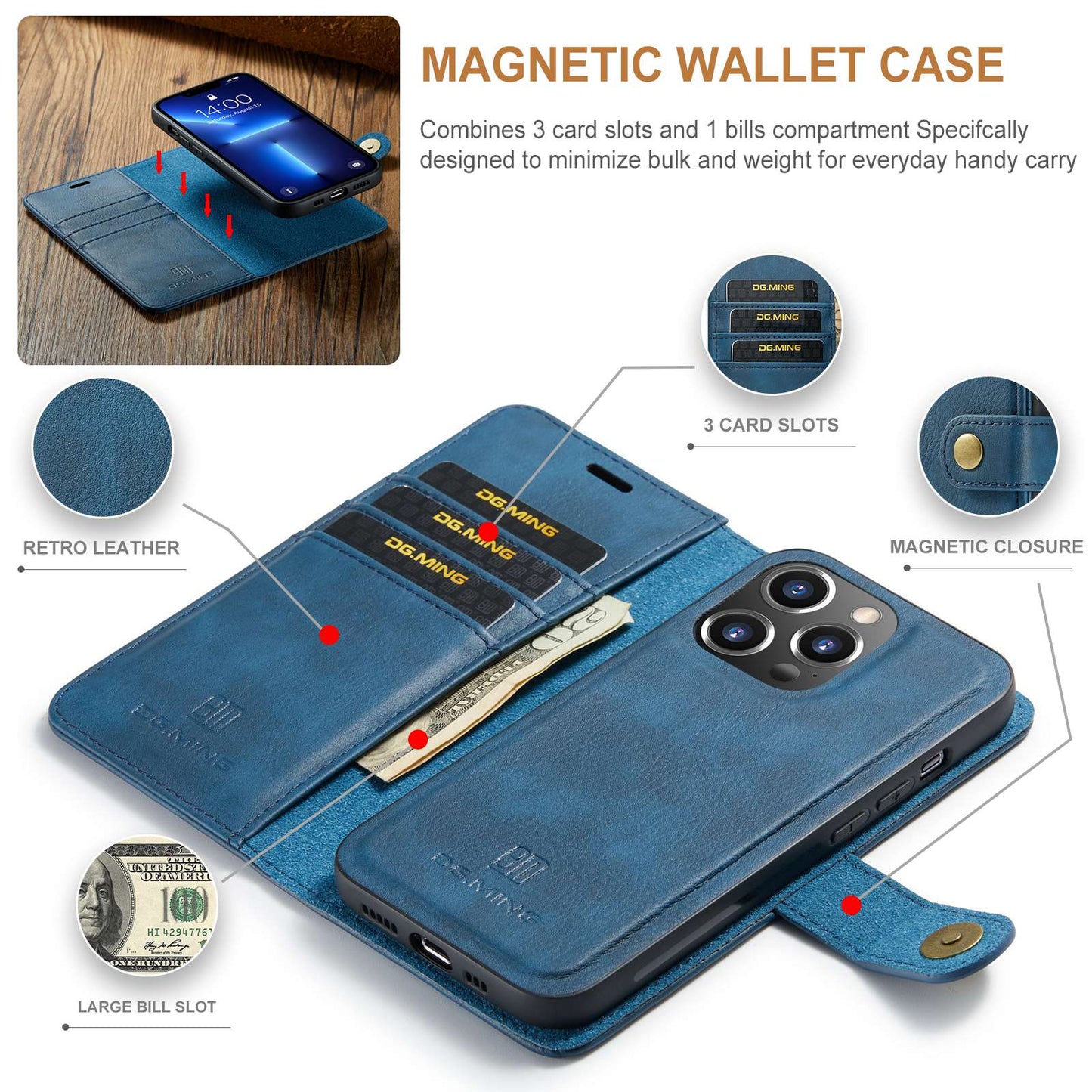 DG.MING For iPhone 14 Pro Max 6.7 inch Wallet Magnetic Detachable Case Split Leather Stand Flip Phone Cover