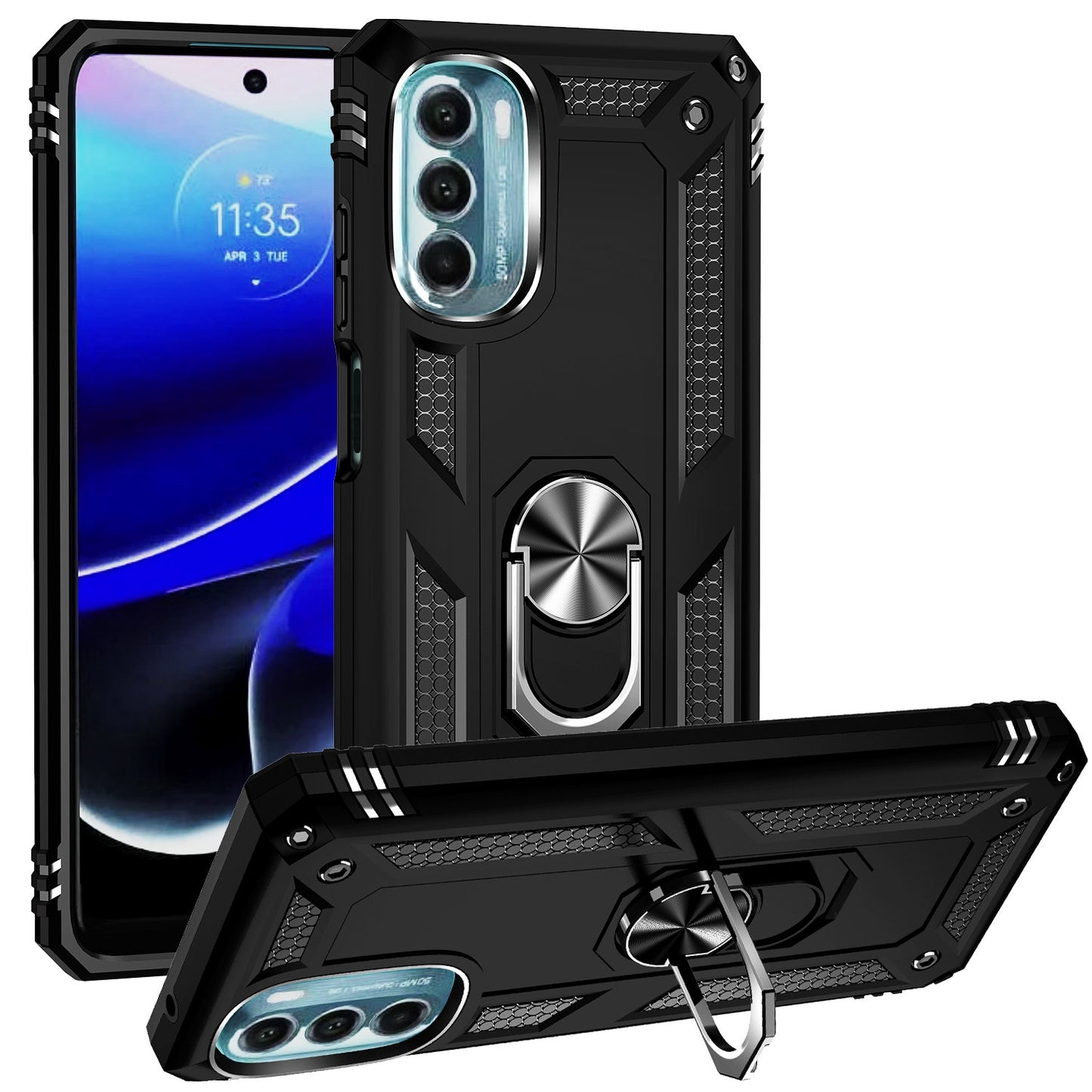 For Motorola Moto G (2022) 5G Anti-drop Protection TPU + PC Phone Case with Ring Holder Kickstand and Built-in Metal Sheet