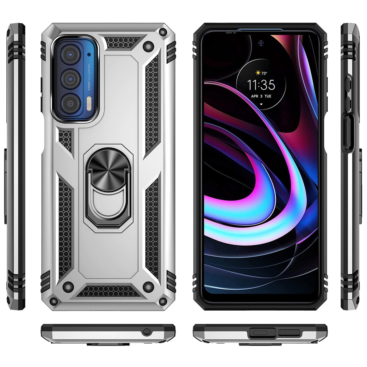 For Motorola Edge (2021) Ring Holder Kickstand Phone Case Soft TPU + Hard PC Drop-proof Back Cover with Built-in Metal Sheet