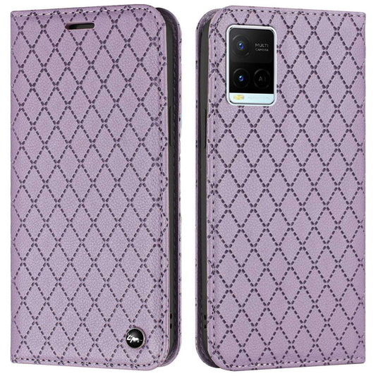 For vivo Y21 / Y33s / Y21s Protective Case Anti-Drop Folio Flip Cover Rhombus Pattern Embossed PU Leather Stand Case RFID Blocking Phone Cover with Wallet