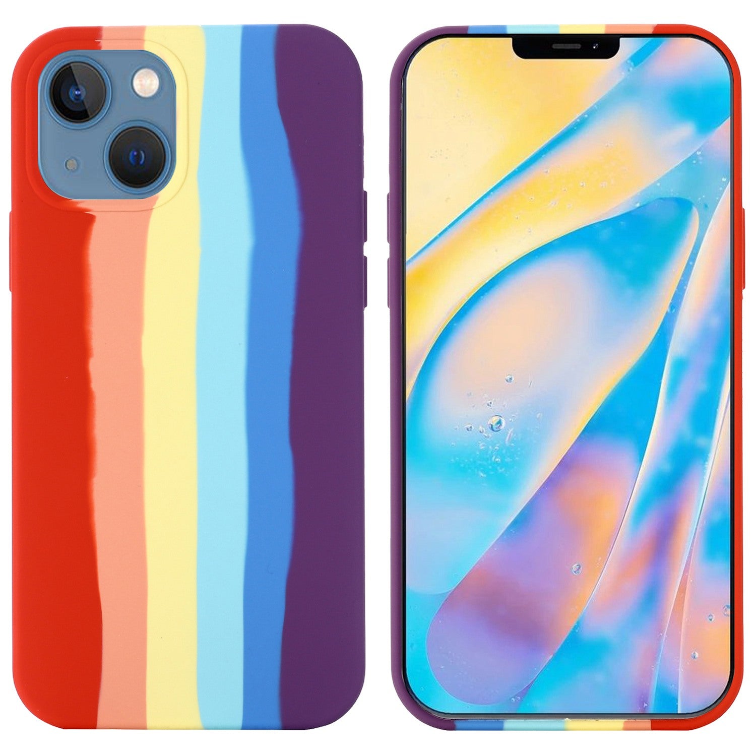 For iPhone 14 Plus 6.7 inch Rainbow Design Liquid Silicone Phone Back Cover Anti-scratch Anti-drop Case