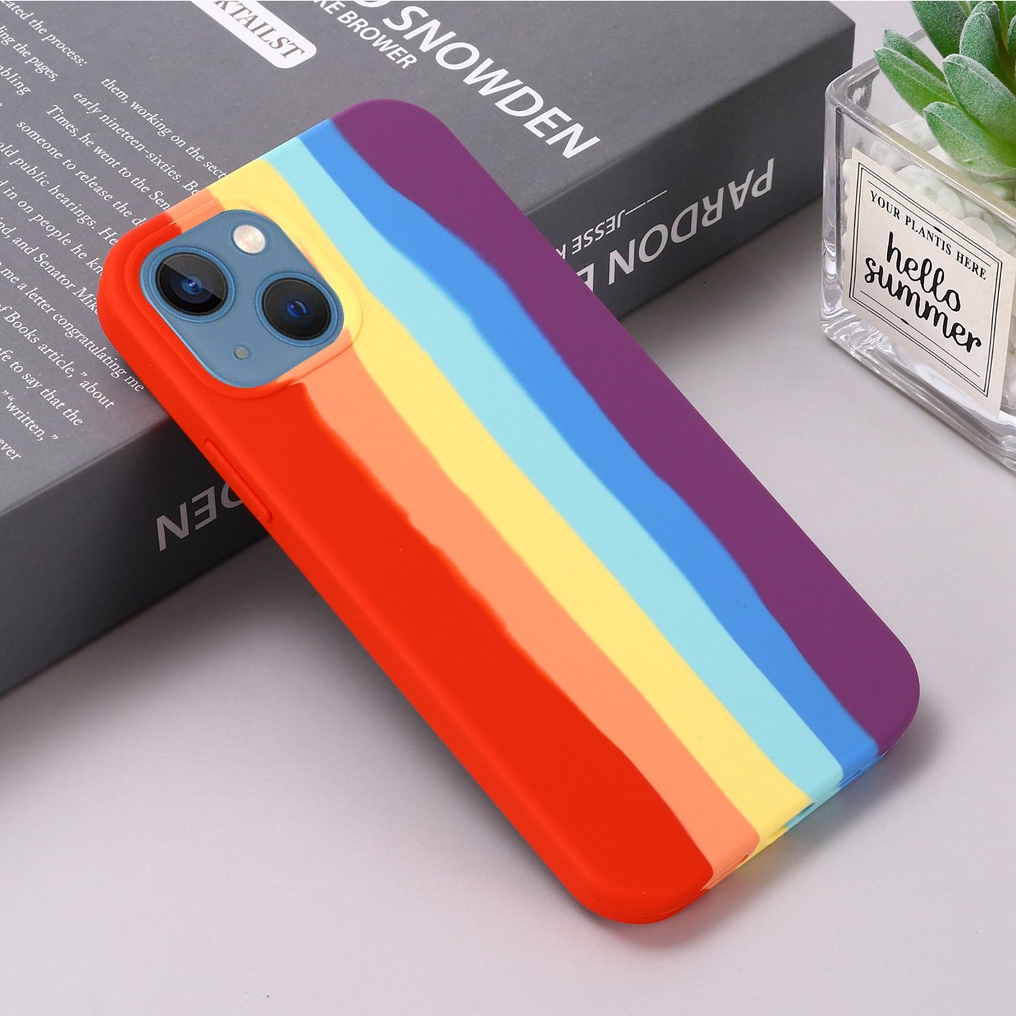 For iPhone 14 Plus 6.7 inch Rainbow Design Liquid Silicone Phone Back Cover Anti-scratch Anti-drop Case