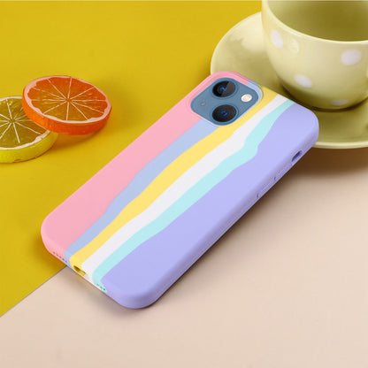 For iPhone 14 Plus 6.7 inch Rainbow Design Liquid Silicone Phone Back Cover Anti-scratch Anti-drop Case