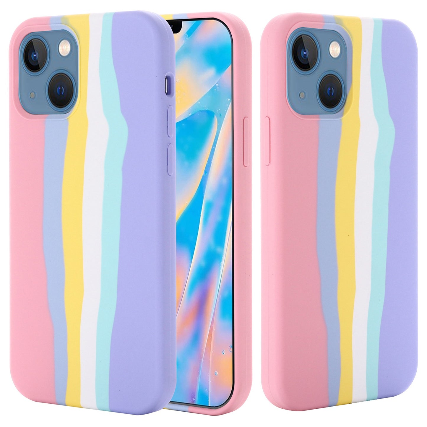 For iPhone 14 Plus 6.7 inch Rainbow Design Liquid Silicone Phone Back Cover Anti-scratch Anti-drop Case