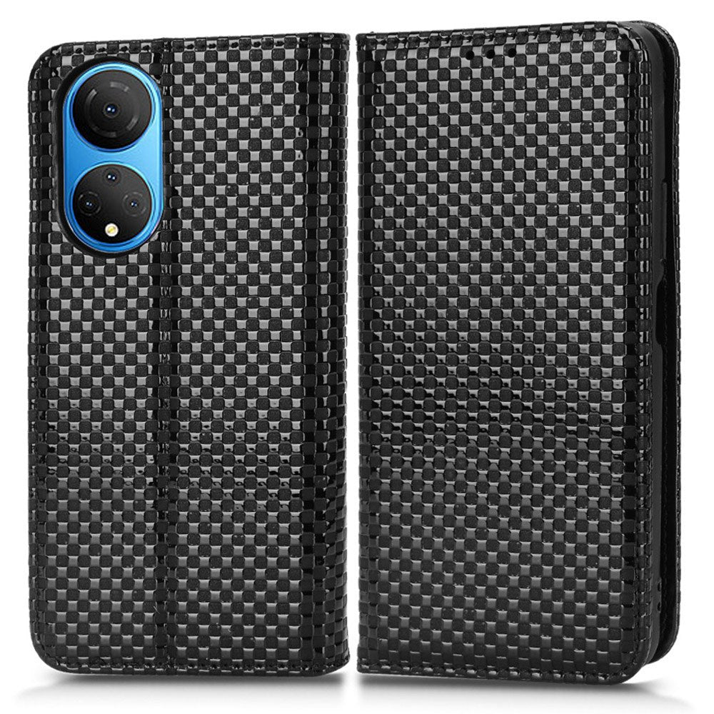 For Honor X7 Strong Magnetic Auto-absorbed Grid Texture PU Leather Stand Cell Phone Case Wallet Cover