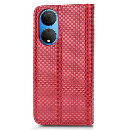 For Honor X7 Strong Magnetic Auto-absorbed Grid Texture PU Leather Stand Cell Phone Case Wallet Cover