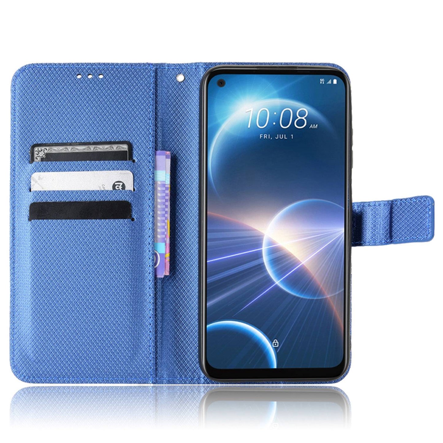 For HTC Desire 22 Pro 5G Drop-proof Phone Flip Wallet Case Non-slip Grip Diamond Texture PU Leather Cover Stand Card Holder with Wrist Strap