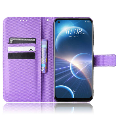 For HTC Desire 22 Pro 5G Drop-proof Phone Flip Wallet Case Non-slip Grip Diamond Texture PU Leather Cover Stand Card Holder with Wrist Strap