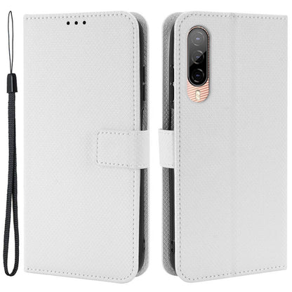 For HTC Desire 22 Pro 5G Drop-proof Phone Flip Wallet Case Non-slip Grip Diamond Texture PU Leather Cover Stand Card Holder with Wrist Strap