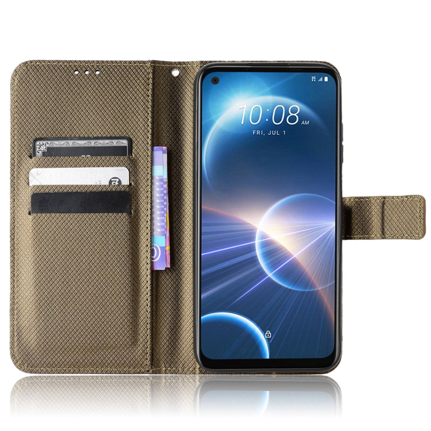 For HTC Desire 22 Pro 5G Drop-proof Phone Flip Wallet Case Non-slip Grip Diamond Texture PU Leather Cover Stand Card Holder with Wrist Strap