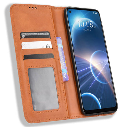 For HTC Desire 22 Pro 5G Auto Closing Magnetic Retro PU Leather Wallet Design Case Stand Function Phone Shell Cover