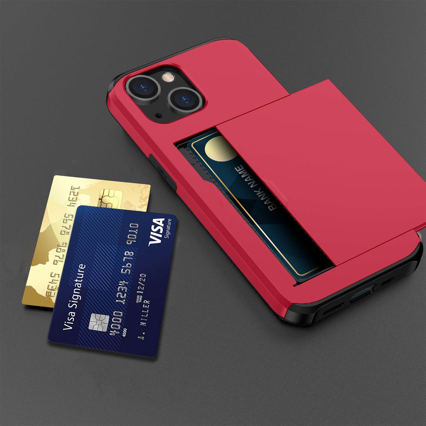 Slide Card Holder Phone Case for iPhone 14 6.1 inch, Drop-proof Protection TPU + PC Hybrid Cover