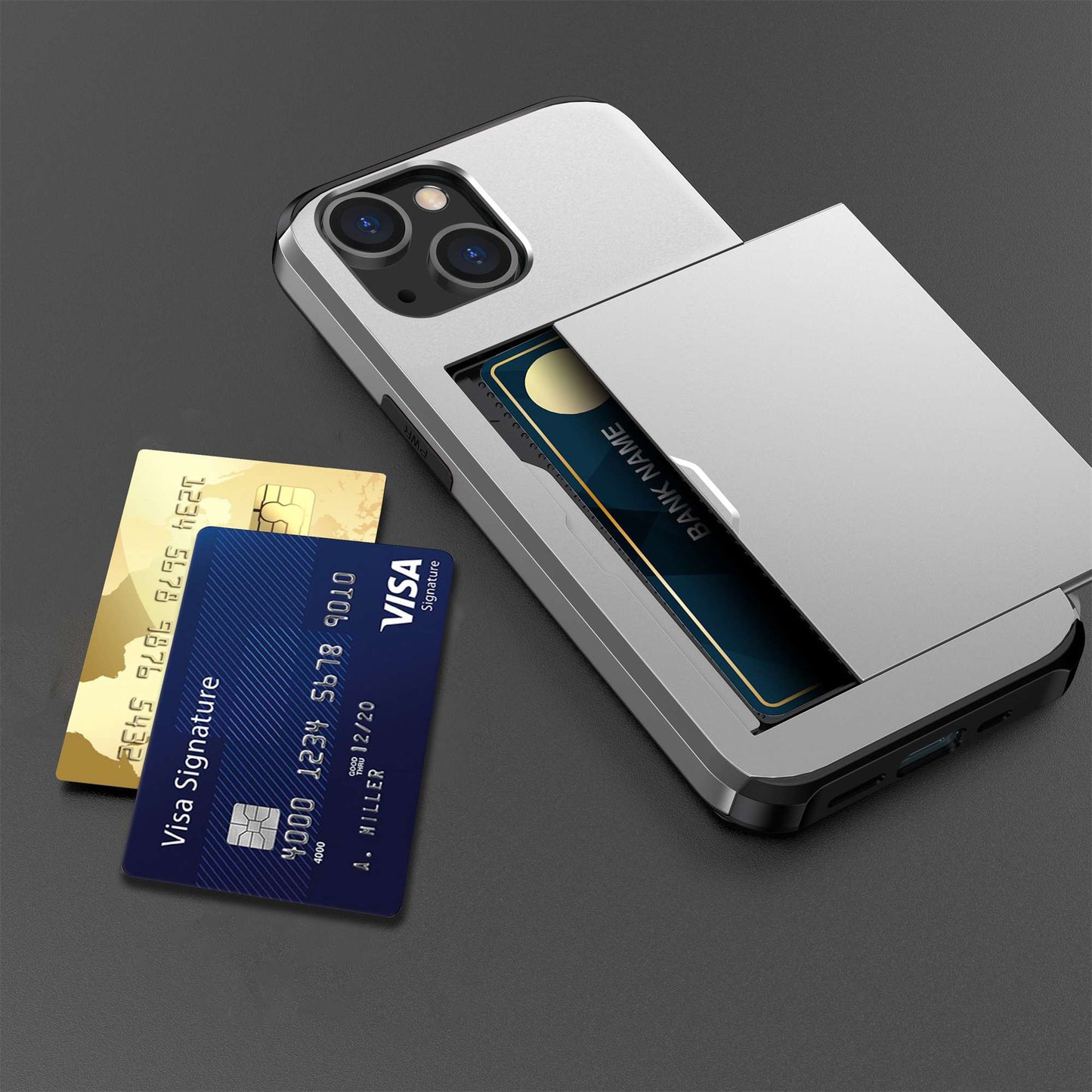 Slide Card Holder Phone Case for iPhone 14 6.1 inch, Drop-proof Protection TPU + PC Hybrid Cover