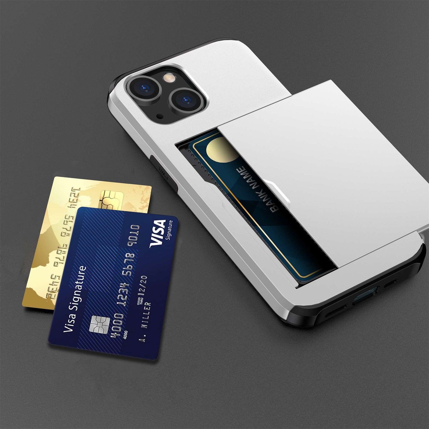 Slide Card Holder Phone Case for iPhone 14 6.1 inch, Drop-proof Protection TPU + PC Hybrid Cover