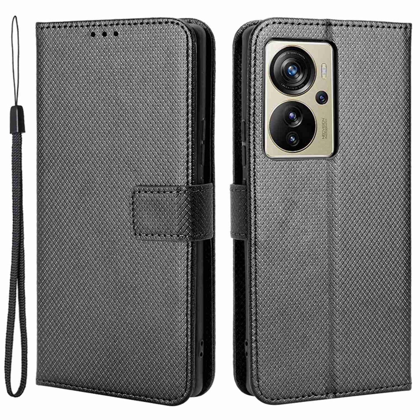 For ZTE Axon 40 Pro 5G PU Leather Folio Case Stand Book Design Diamond Texture Magnetic Closure Flip Wallet Cover with Strap