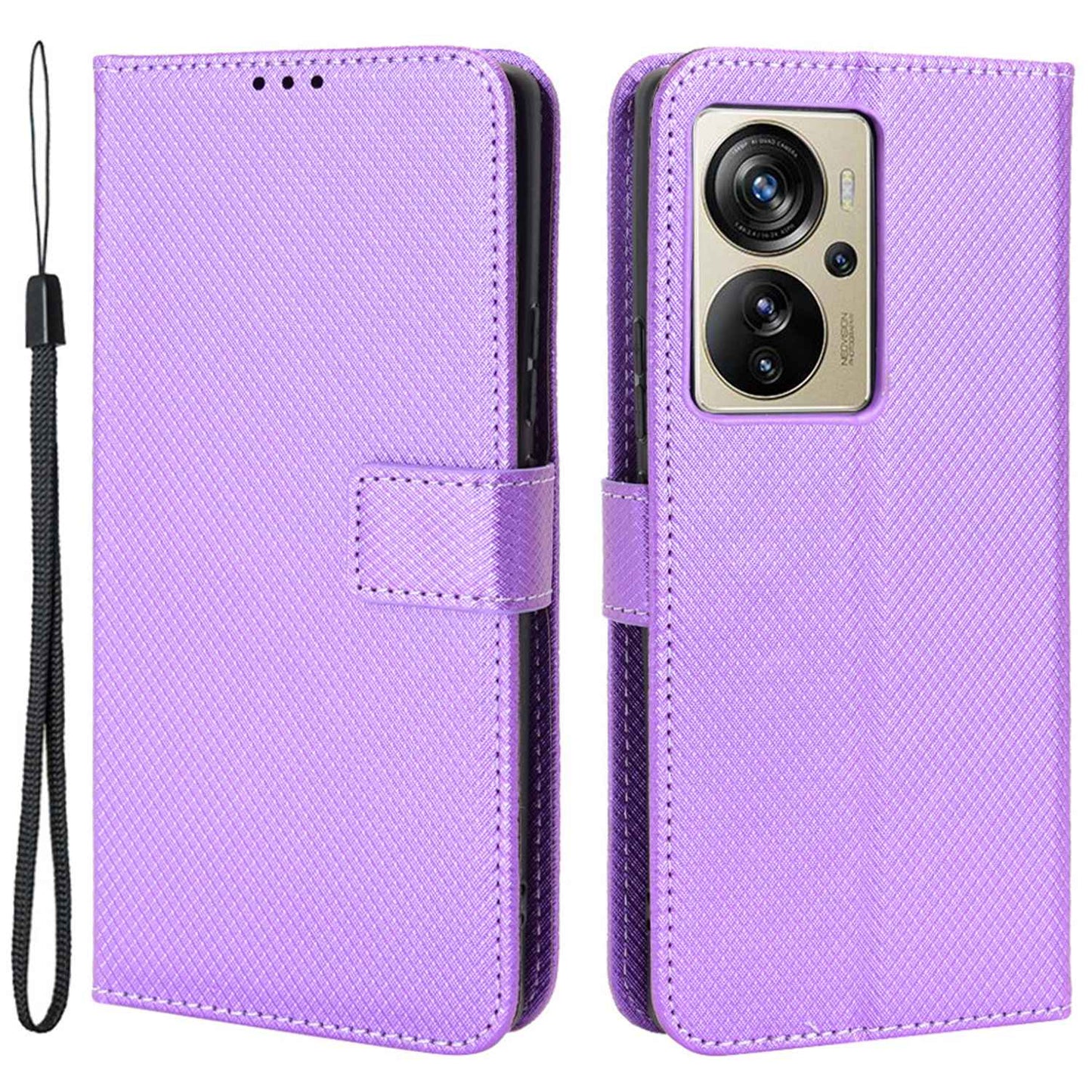 For ZTE Axon 40 Pro 5G PU Leather Folio Case Stand Book Design Diamond Texture Magnetic Closure Flip Wallet Cover with Strap