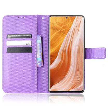 For ZTE Axon 40 Pro 5G PU Leather Folio Case Stand Book Design Diamond Texture Magnetic Closure Flip Wallet Cover with Strap