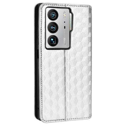 For ZTE Axon 40 Ultra 5G Imprinting Rhombus Pattern Phone Case Magnetic Absorption PU Leather Wallet Stand Cover