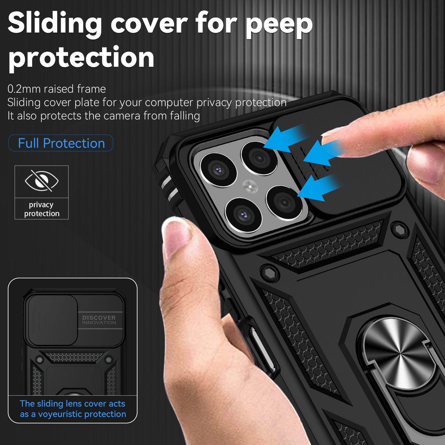 Slide Camera Protector Phone Case for Honor X8 4G, PC + TPU Metal Ring Kickstand Hybrid Cover