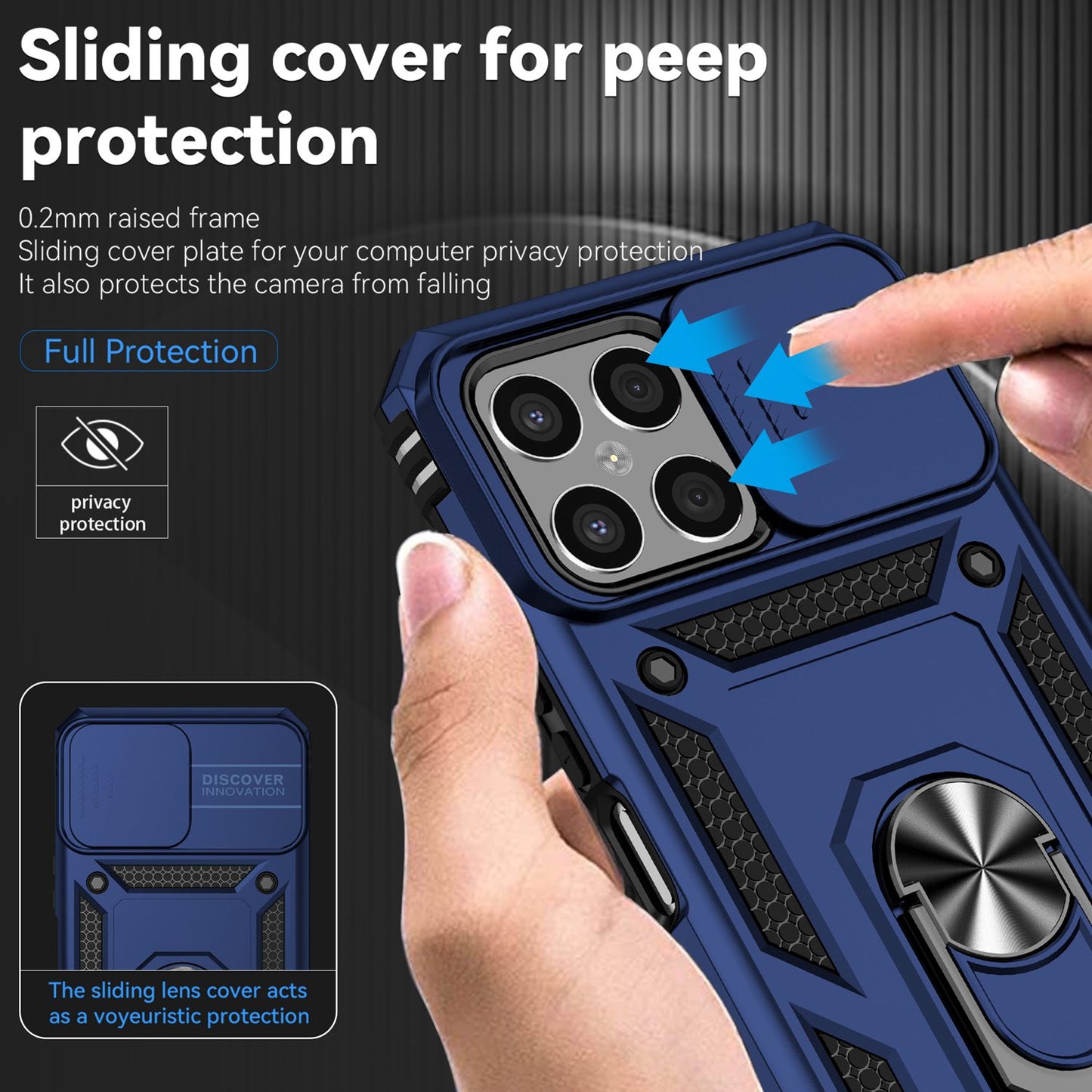 Slide Camera Protector Phone Case for Honor X8 4G, PC + TPU Metal Ring Kickstand Hybrid Cover