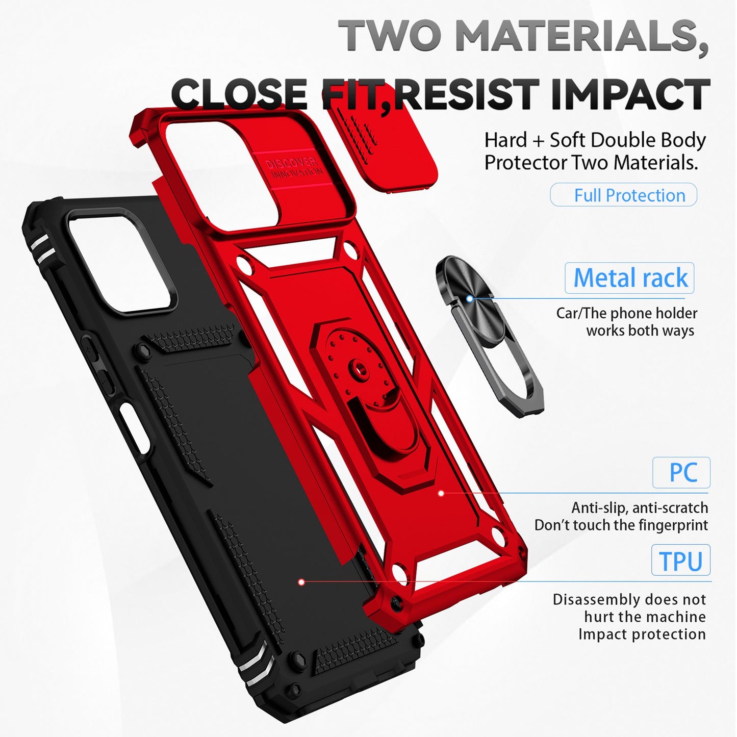 Slide Camera Protector Phone Case for Honor X8 4G, PC + TPU Metal Ring Kickstand Hybrid Cover