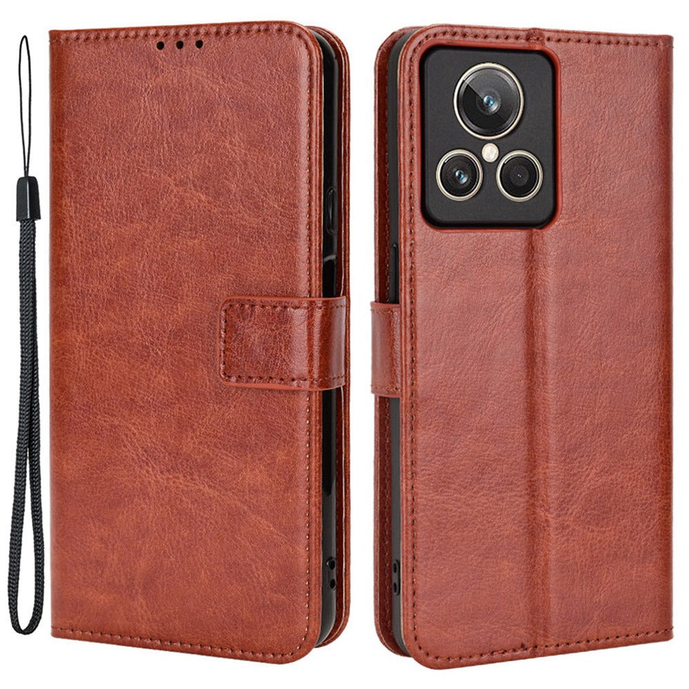 For Realme GT2 Explorer Master 5G TPU+PU Leather Wallet Phone Cover Crazy Horse Texture Stand Phone Shell with Strap