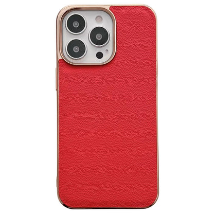 For iPhone 13 Pro 6.1 inch Luocai-Series Anti-scratch Phone Case Genuine Leather Coated PC Electroplating Back Cover