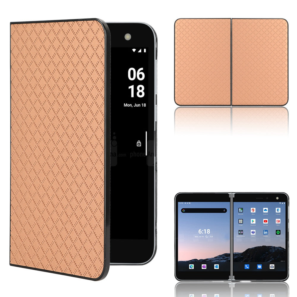 For Microsoft Surface Duo Anti-fall Folio Flip Grid Imprinted Leather Coated PC Protector Phone Case