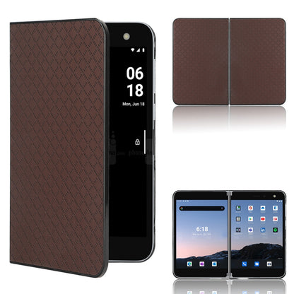 For Microsoft Surface Duo Anti-fall Folio Flip Grid Imprinted Leather Coated PC Protector Phone Case