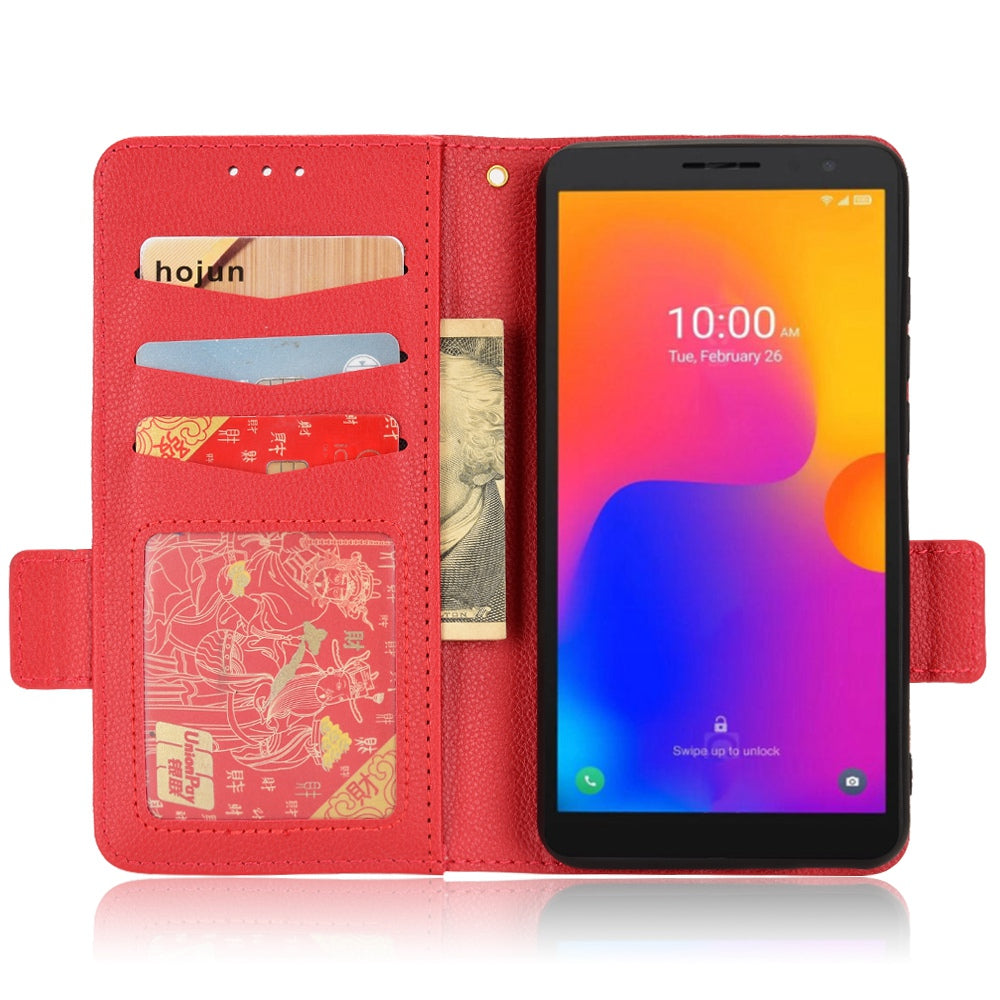 Litchi Texture Phone Cover for Alcatel 1B (2022) / TCL 303, PU Leather Folio Flip Case with Wallet Stand