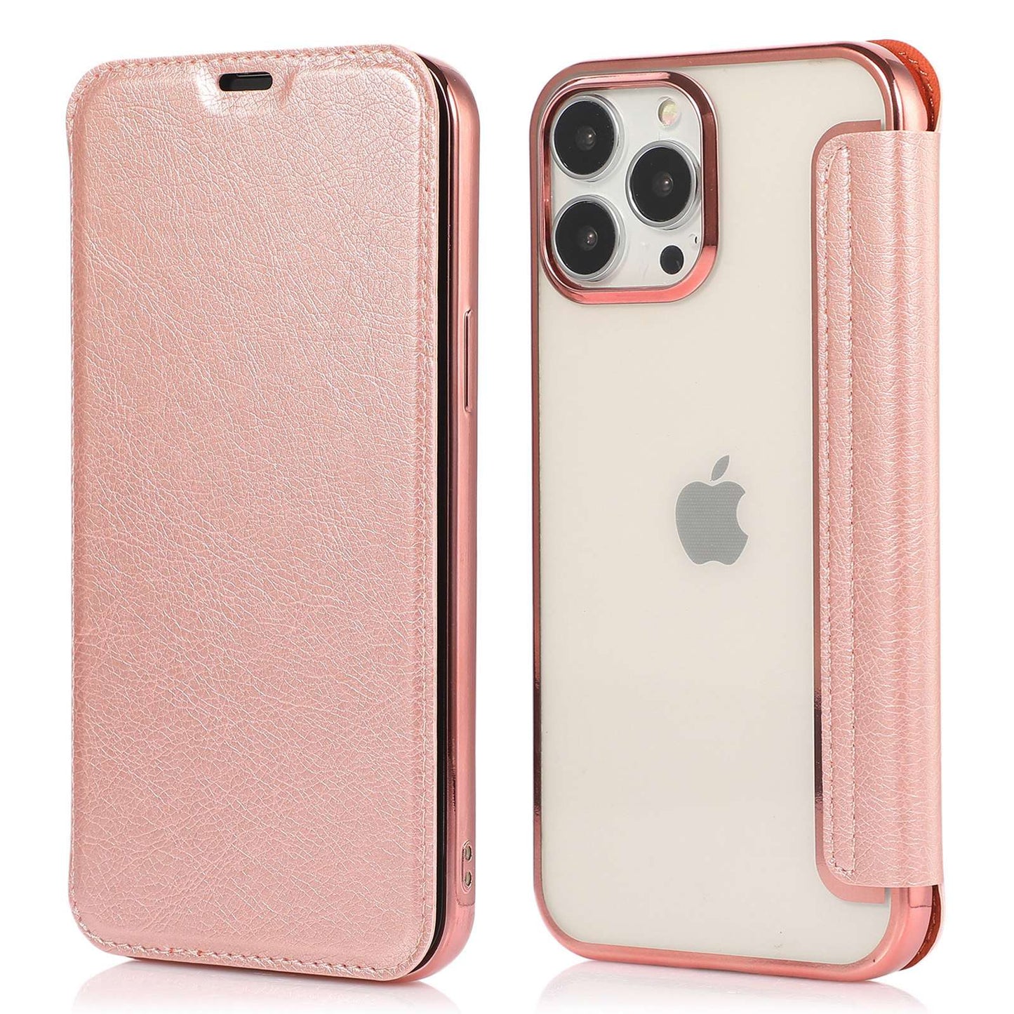 For iPhone 14 6.1 inch PU Leather Flip Case Transparent TPU Back Stand Function Electroplating Cover with Card Holder