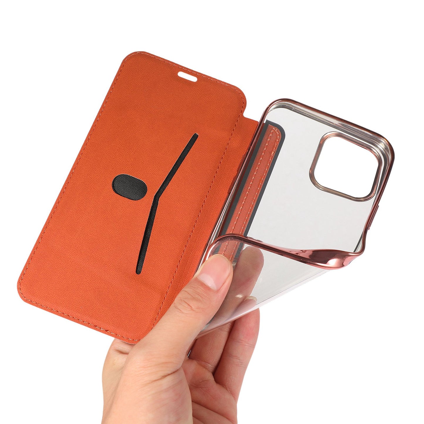 For iPhone 14 6.1 inch PU Leather Flip Case Transparent TPU Back Stand Function Electroplating Cover with Card Holder