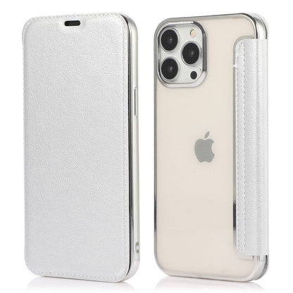 For iPhone 14 6.1 inch PU Leather Flip Case Transparent TPU Back Stand Function Electroplating Cover with Card Holder