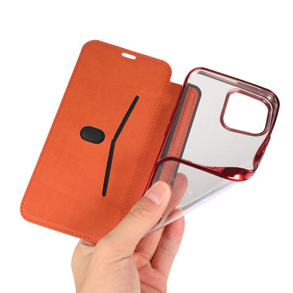 For iPhone 14 6.1 inch PU Leather Flip Case Transparent TPU Back Stand Function Electroplating Cover with Card Holder