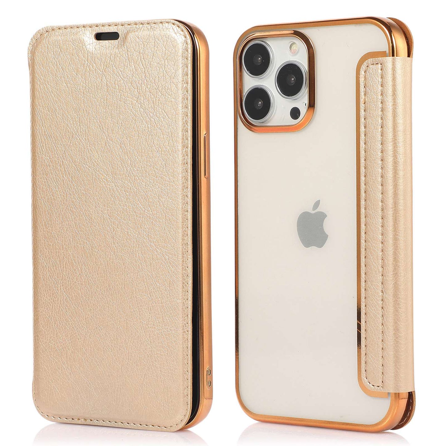 For iPhone 14 6.1 inch PU Leather Flip Case Transparent TPU Back Stand Function Electroplating Cover with Card Holder