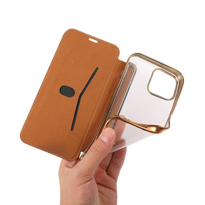 For iPhone 14 6.1 inch PU Leather Flip Case Transparent TPU Back Stand Function Electroplating Cover with Card Holder