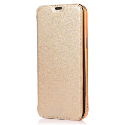 For iPhone 14 6.1 inch PU Leather Flip Case Transparent TPU Back Stand Function Electroplating Cover with Card Holder