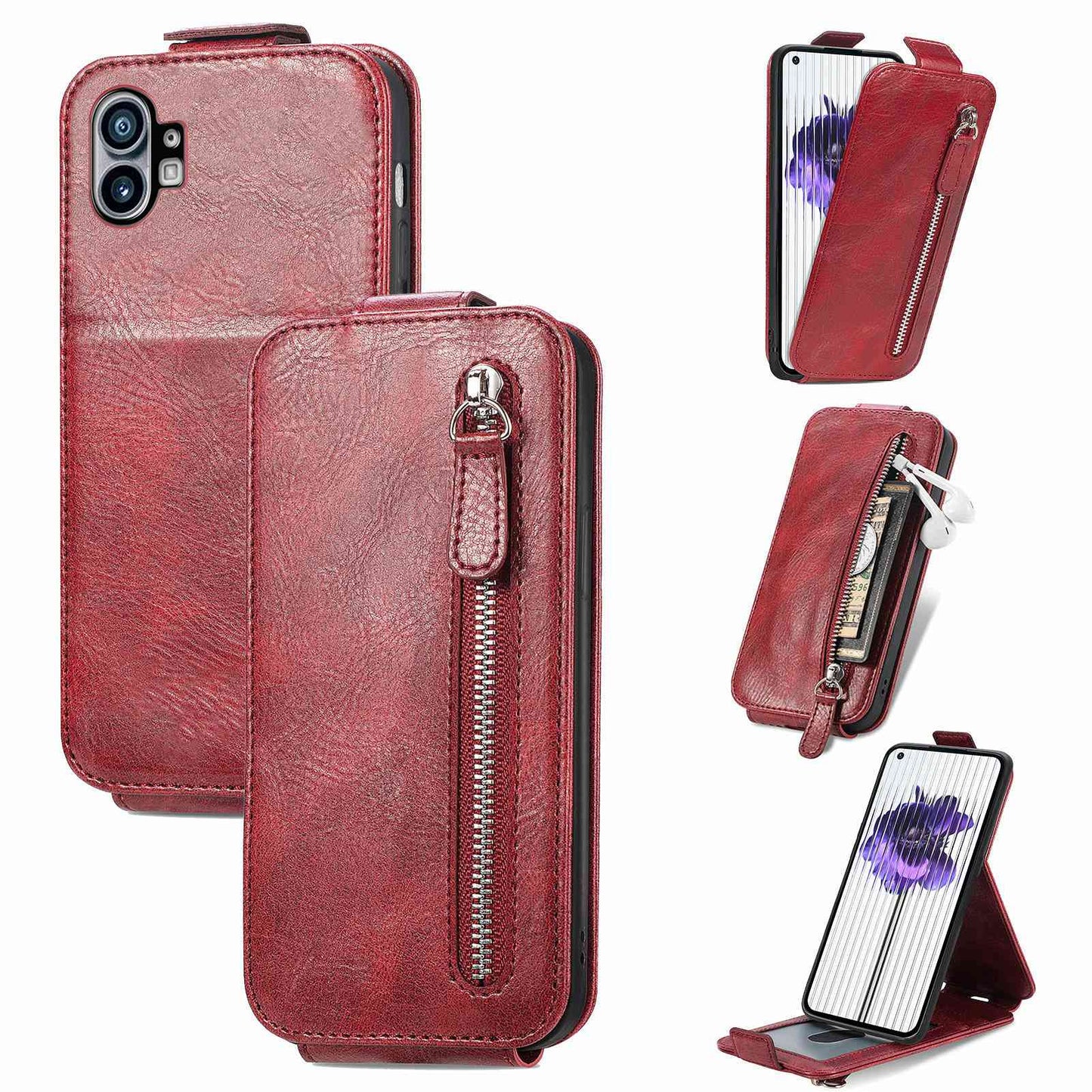 For Nothing phone (1) 5G PU Leather Zipper Vertical Flip Wallet Case Magnetic Closure Stand Protective Cover