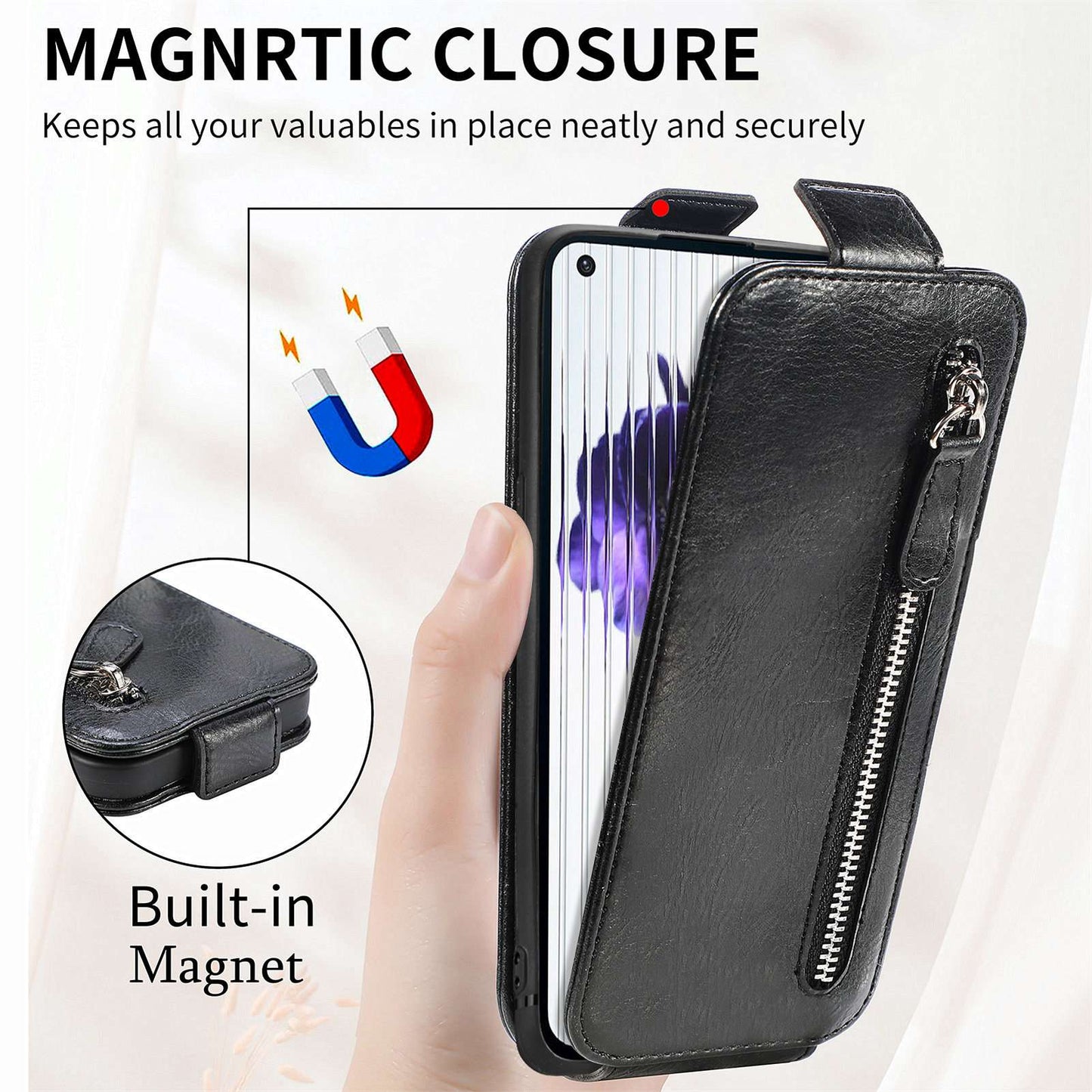 For Nothing phone (1) 5G PU Leather Zipper Vertical Flip Wallet Case Magnetic Closure Stand Protective Cover