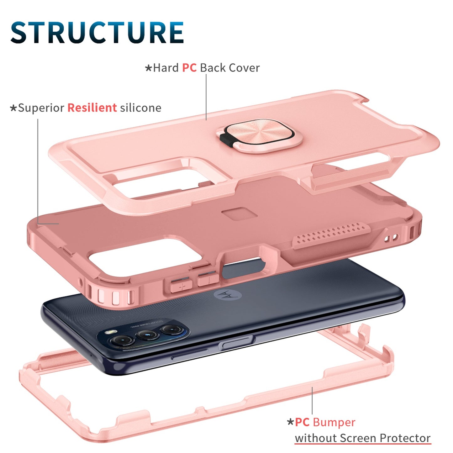 For Motorola Moto G 5G (2022) 3-in-1 PC + Silicone Anti-drop Phone Case Protective Back Cover with Rotatable Ring Kickstand